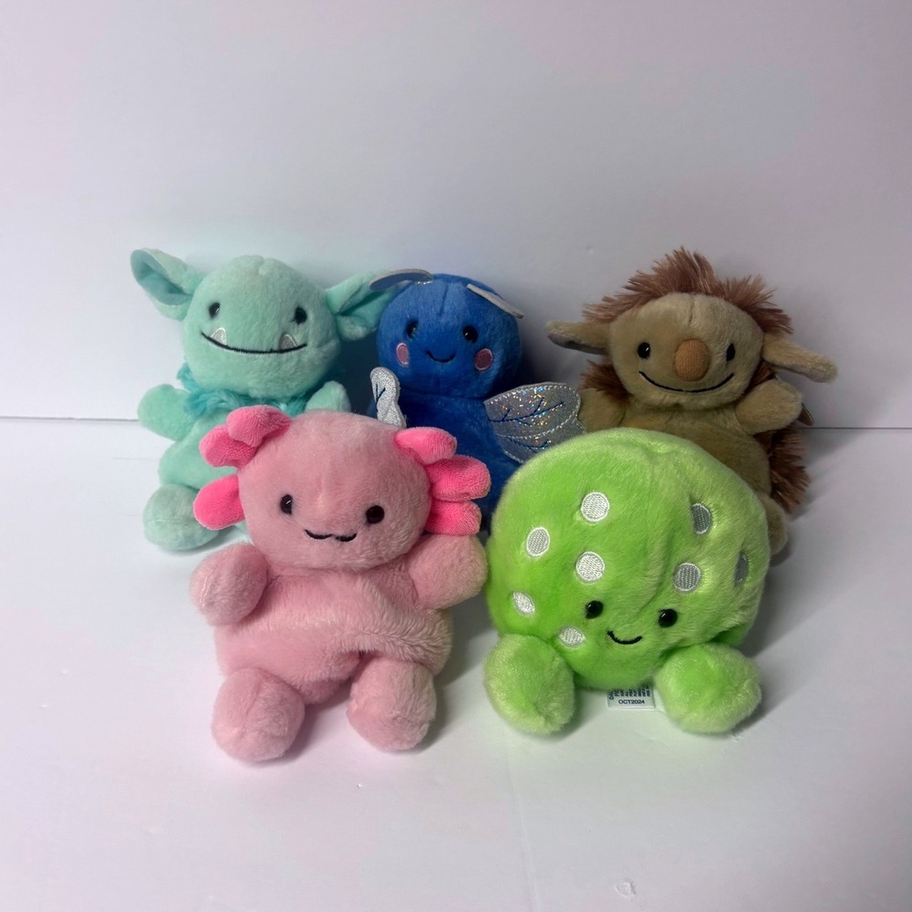 Palm Pals Plush Lot of 5 Pink Axolotl Aqua Monster Ogre PickleBall Dragonfly
